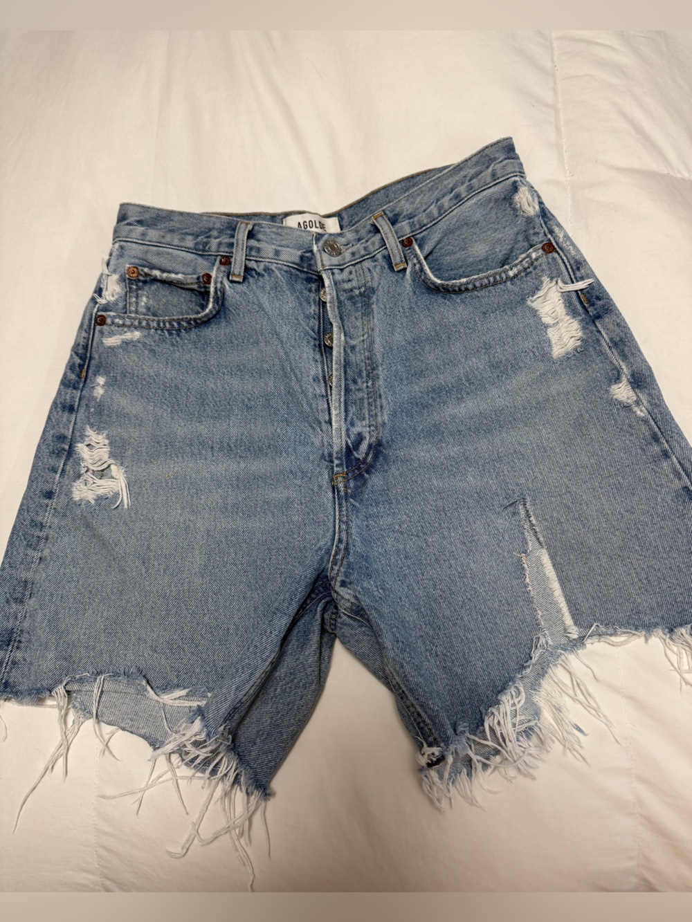 Agolde Stella Light Wash Denim Shorts with Frayed Hem
